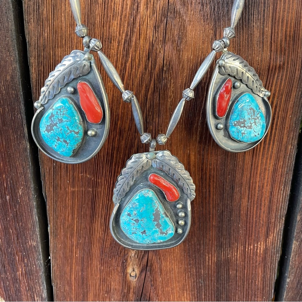 David F Garcia Sterling Silver Coral & Turquoise Navajo Pendant Trio Necklace